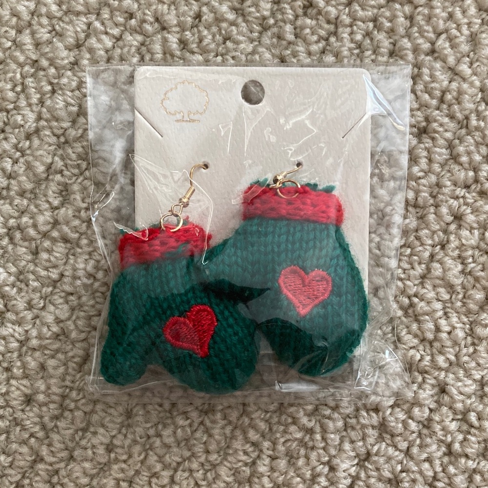 Handmade Green Knit Mitten Earrings with Red Hearts
